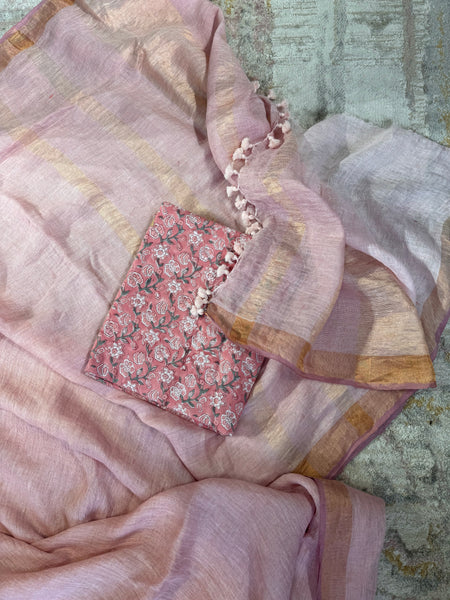 Handwoven on loom -  Pink Linen Saree