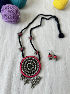 Pink Handcrafted Embroidered long necklace and earrings