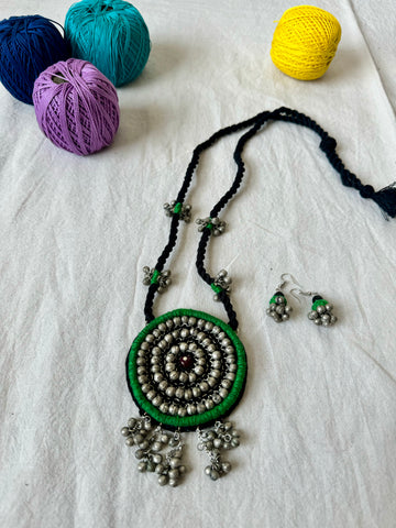 Green Handcrafted Embroidered long necklace and earrings