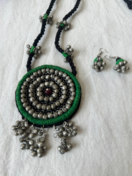 Green Handcrafted Embroidered long necklace and earrings