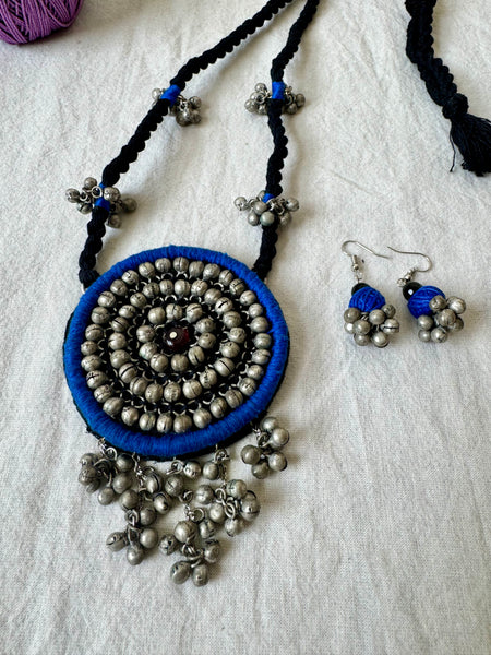 Dark Blue Handcrafted Embroidered long necklace and earrings