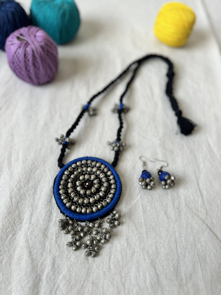 Dark Blue Handcrafted Embroidered long necklace and earrings