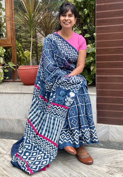 Block Printed Indigo - Embroidered Patchwork Cotton Saree