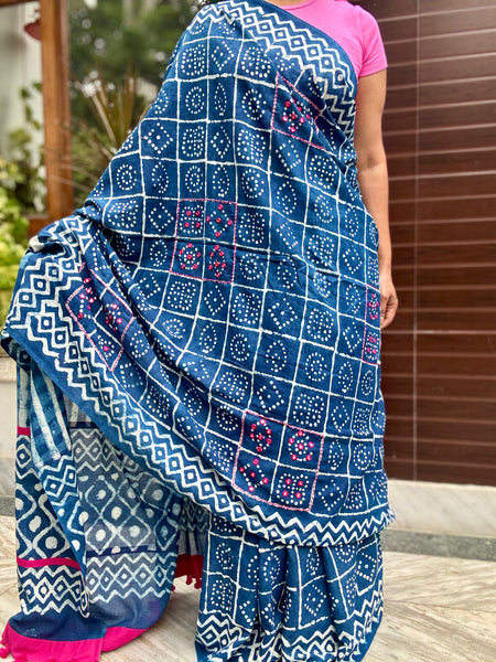 Block Printed Indigo - Embroidered Patchwork Cotton Saree