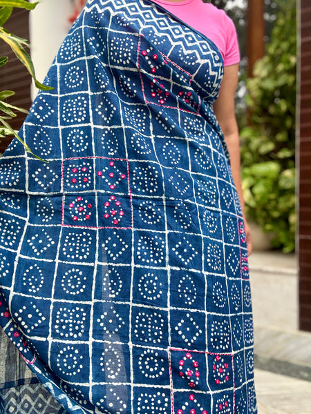 Block Printed Indigo - Embroidered Patchwork Cotton Saree
