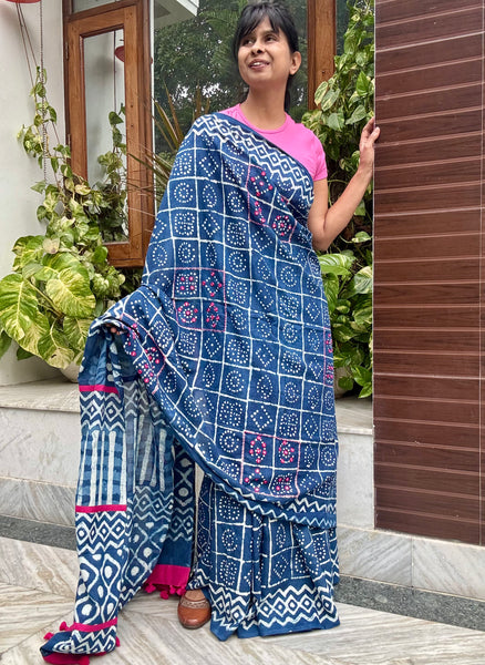 Block Printed Indigo - Embroidered Patchwork Cotton Saree