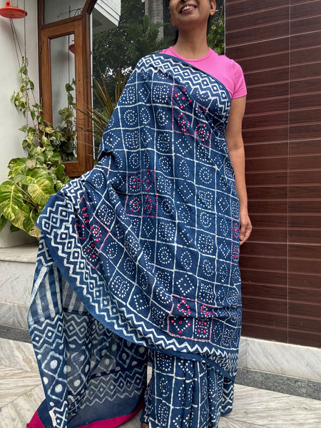 Block Printed Indigo - Embroidered Patchwork Cotton Saree