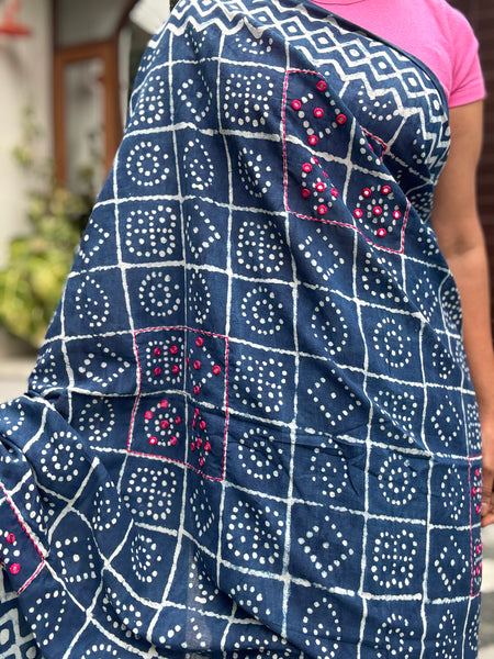 Block Printed Indigo - Embroidered Patchwork Cotton Saree