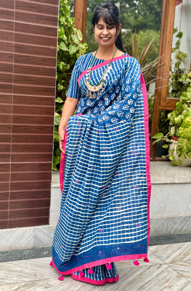 Block Printed Indigo - Embroidered Patchwork Cotton Saree