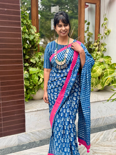 Block Printed Indigo - Embroidered Patchwork Cotton Saree