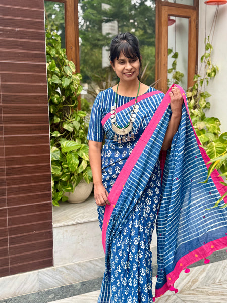 Block Printed Indigo - Embroidered Patchwork Cotton Saree