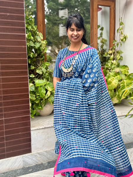 Block Printed Indigo - Embroidered Patchwork Cotton Saree