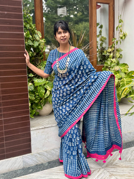 Block Printed Indigo - Embroidered Patchwork Cotton Saree