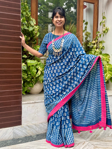 Block Printed Indigo - Embroidered Patchwork Cotton Saree
