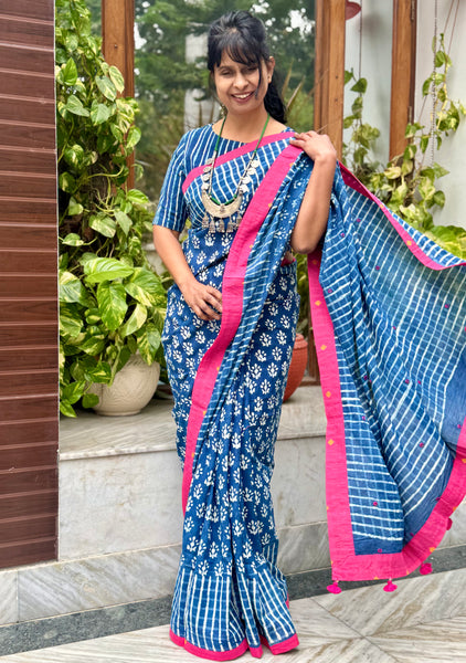 Block Printed Indigo - Embroidered Patchwork Cotton Saree