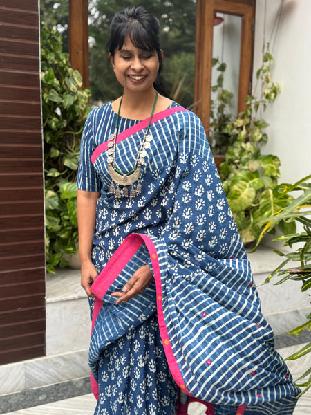 Block Printed Indigo - Embroidered Patchwork Cotton Saree