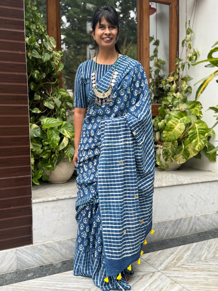 Block Printed Indigo - Embroidered Patchwork Cotton Saree
