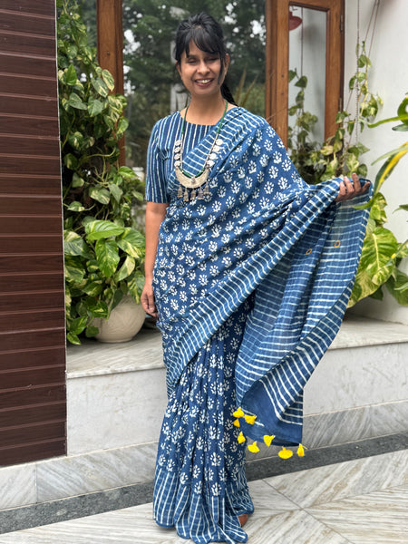 Block Printed Indigo - Embroidered Patchwork Cotton Saree