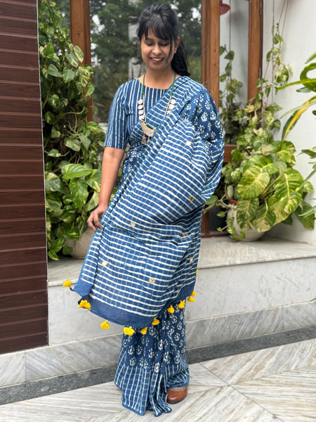 Block Printed Indigo - Embroidered Patchwork Cotton Saree