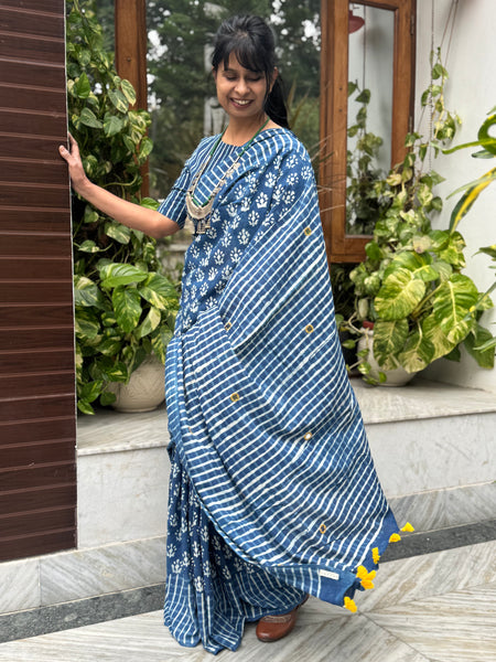 Block Printed Indigo - Embroidered Patchwork Cotton Saree
