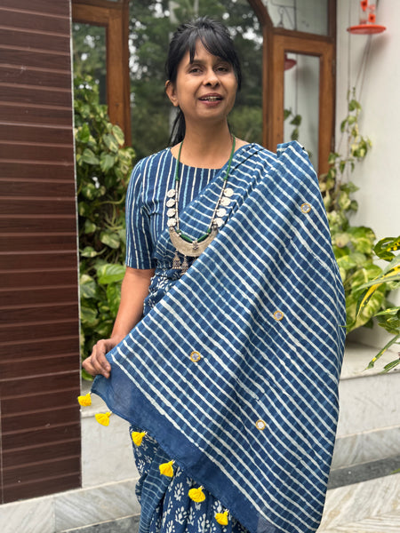 Block Printed Indigo - Embroidered Patchwork Cotton Saree