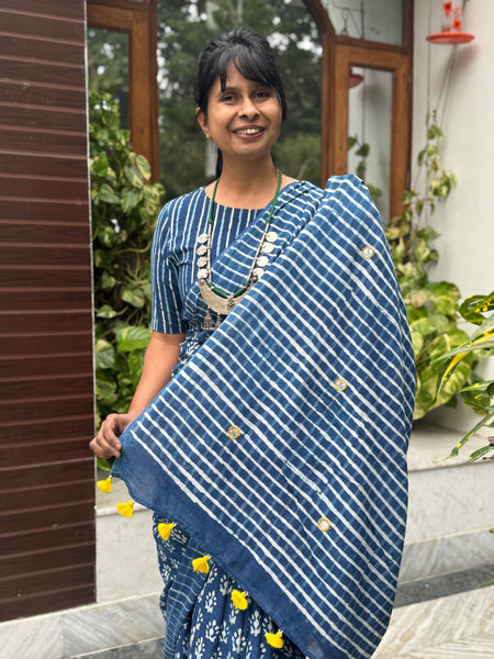 Block Printed Indigo - Embroidered Patchwork Cotton Saree