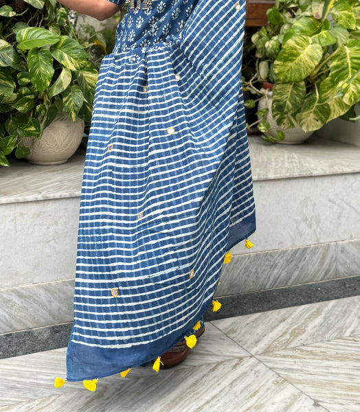 Block Printed Indigo - Embroidered Patchwork Cotton Saree