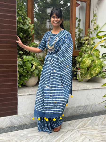 Block Printed Indigo - Embroidered Patchwork Cotton Saree