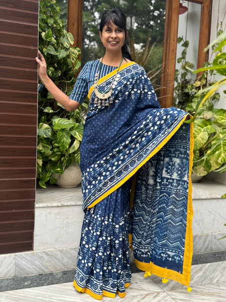 Block Printed Indigo - Embroidered Patchwork Cotton Saree