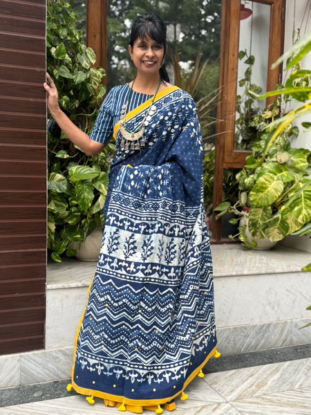 Block Printed Indigo - Embroidered Patchwork Cotton Saree