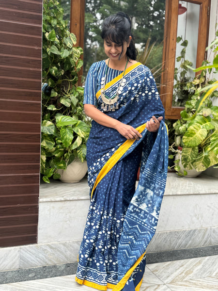 Block Printed Indigo - Embroidered Patchwork Cotton Saree