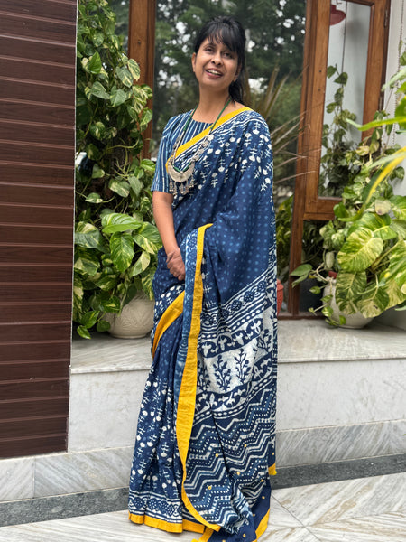 Block Printed Indigo - Embroidered Patchwork Cotton Saree