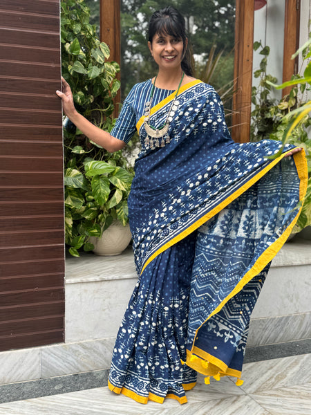 Block Printed Indigo - Embroidered Patchwork Cotton Saree