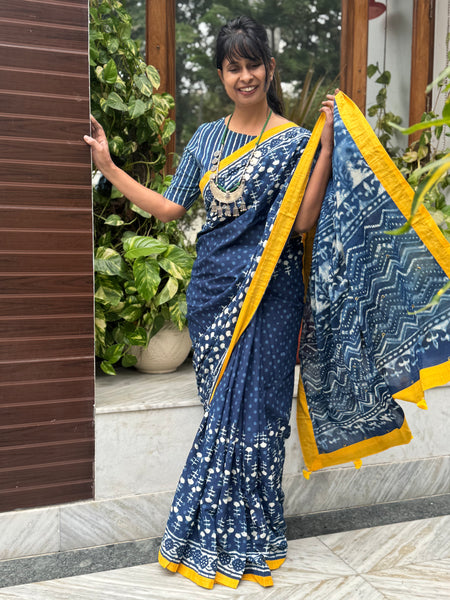 Block Printed Indigo - Embroidered Patchwork Cotton Saree