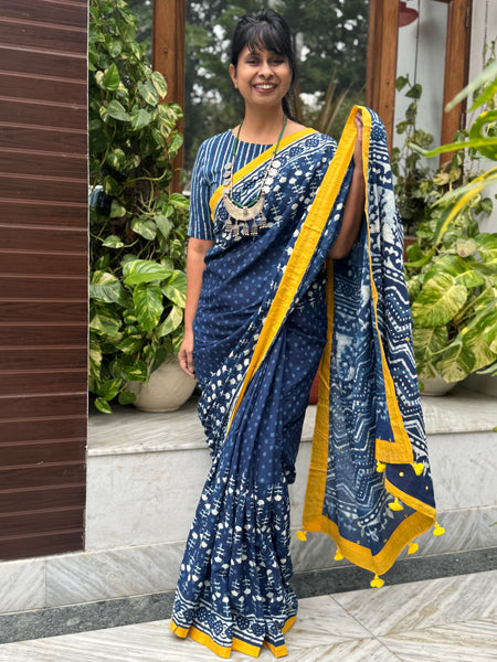 Block Printed Indigo - Embroidered Patchwork Cotton Saree