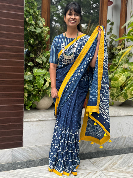 Block Printed Indigo - Embroidered Patchwork Cotton Saree