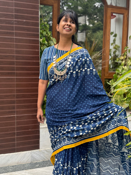 Block Printed Indigo - Embroidered Patchwork Cotton Saree