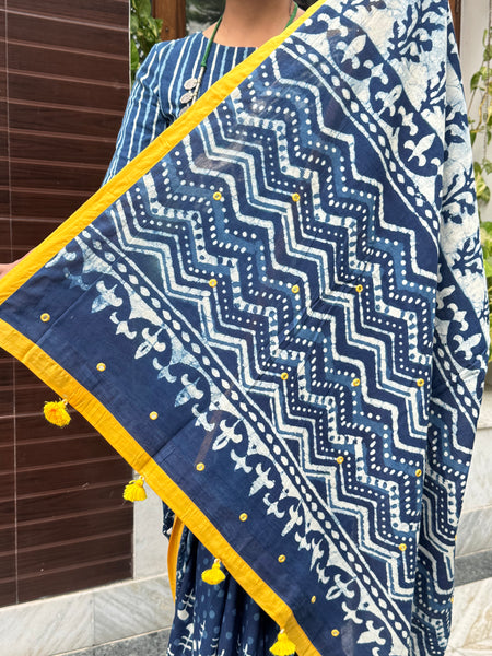 Block Printed Indigo - Embroidered Patchwork Cotton Saree