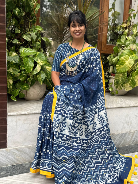 Block Printed Indigo - Embroidered Patchwork Cotton Saree