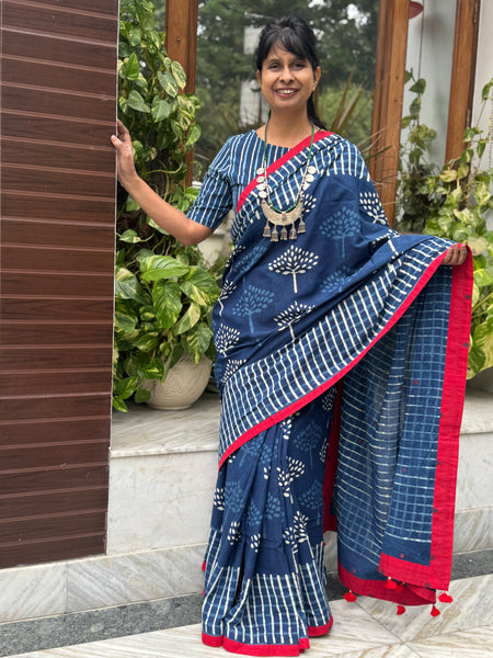 Block Printed Indigo - Embroidered Patchwork Cotton Saree -NO Fall Needed