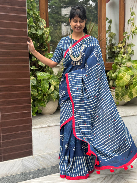 Block Printed Indigo - Embroidered Patchwork Cotton Saree -NO Fall Needed