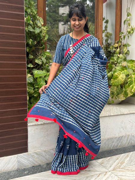Block Printed Indigo - Embroidered Patchwork Cotton Saree -NO Fall Needed