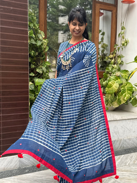 Block Printed Indigo - Embroidered Patchwork Cotton Saree -NO Fall Needed