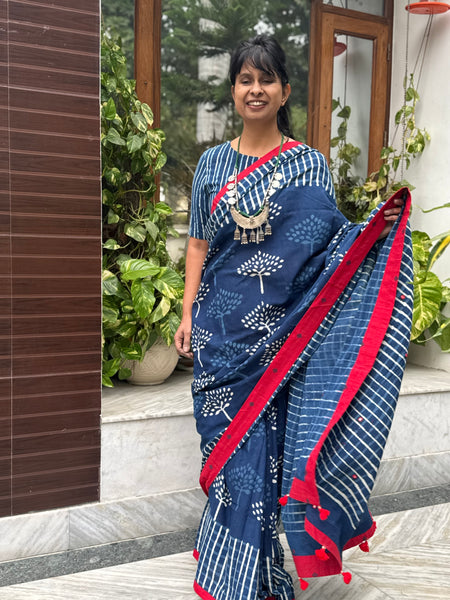 Block Printed Indigo - Embroidered Patchwork Cotton Saree -NO Fall Needed