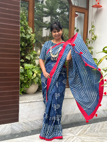 Block Printed Indigo - Embroidered Patchwork Cotton Saree -NO Fall Needed