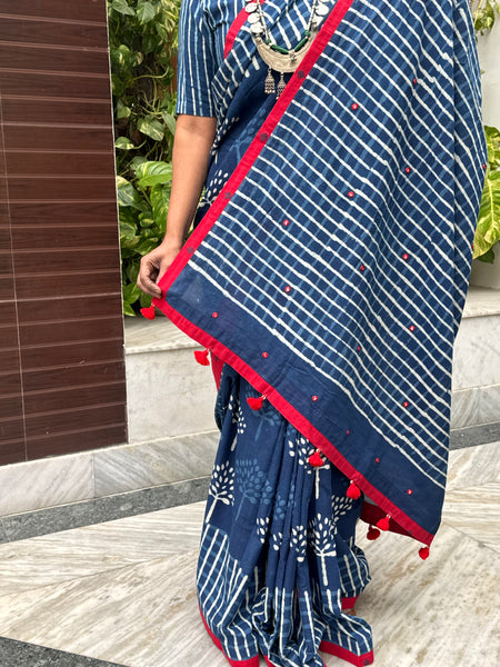 Block Printed Indigo - Embroidered Patchwork Cotton Saree -NO Fall Needed