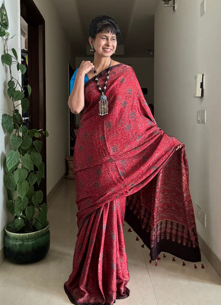 Ajrakh naturally dyed modal silk saree