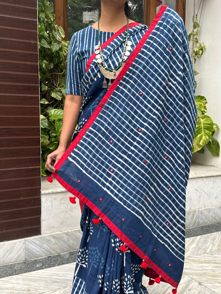 Block Printed Indigo - Embroidered Patchwork Cotton Saree -NO Fall Needed