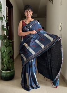 Ajrakh naturally dyed modal silk saree