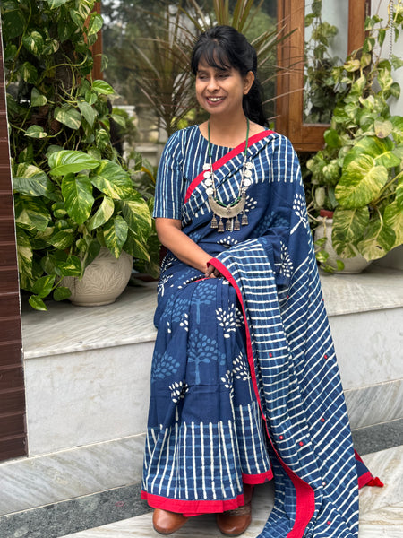 Block Printed Indigo - Embroidered Patchwork Cotton Saree -NO Fall Needed